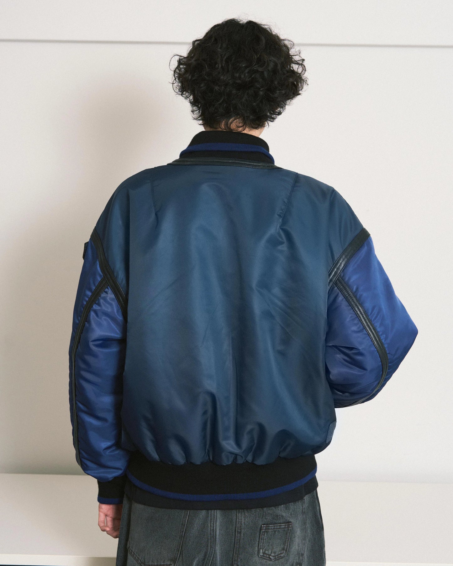 TRIM LEATHER BOMBER JACKET (NAVY)