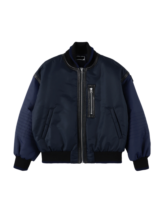 TRIM LEATHER BOMBER JACKET (NAVY)