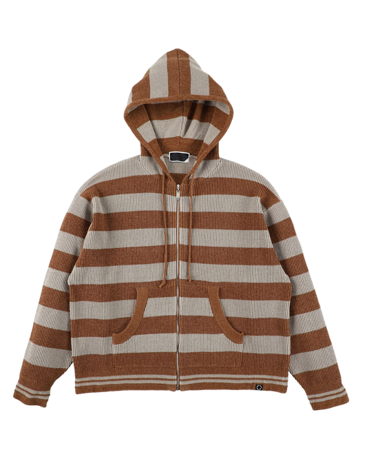 CORDY KNIT ZIP HOODIE STRIPE (GRAY × BROWN)