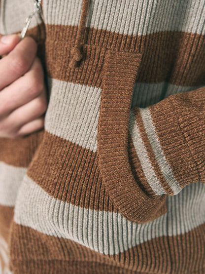 CORDY KNIT ZIP HOODIE STRIPE (GRAY × BROWN)
