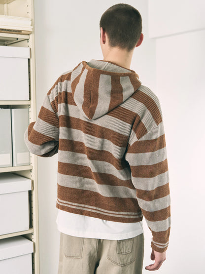 CORDY KNIT ZIP HOODIE STRIPE (GRAY × BROWN)