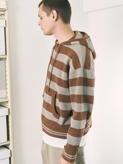 CORDY KNIT ZIP HOODIE STRIPE (GRAY × BROWN)