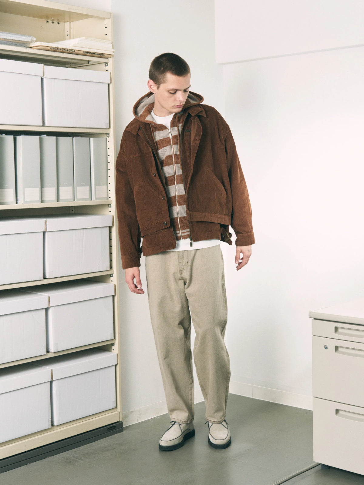 CORDY KNIT ZIP HOODIE STRIPE (GRAY × BROWN)