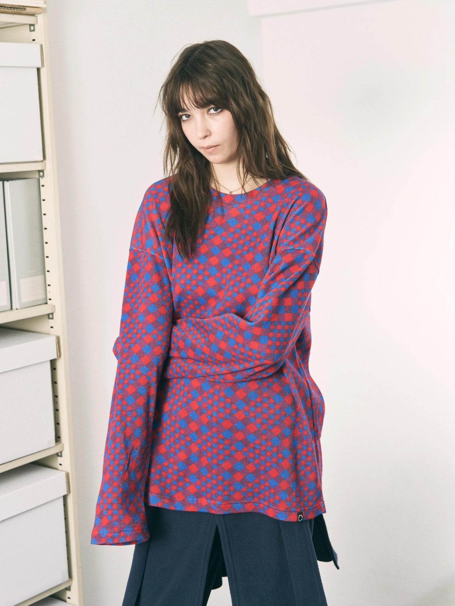 GINGHAM L/S WAFFLE THERMAL (RED BLUE)