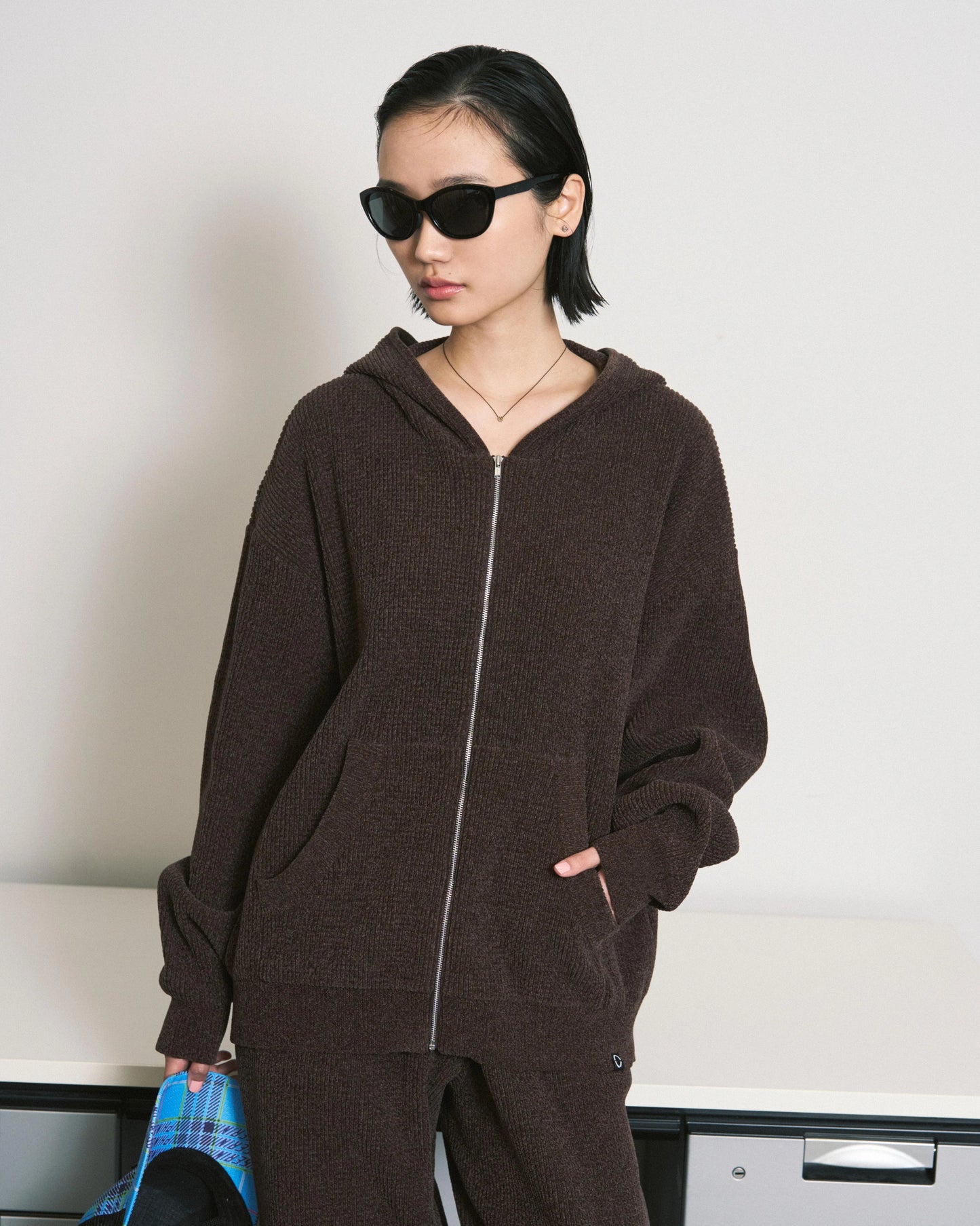 CORDY KNIT ZIP HOODIE (BROWN)